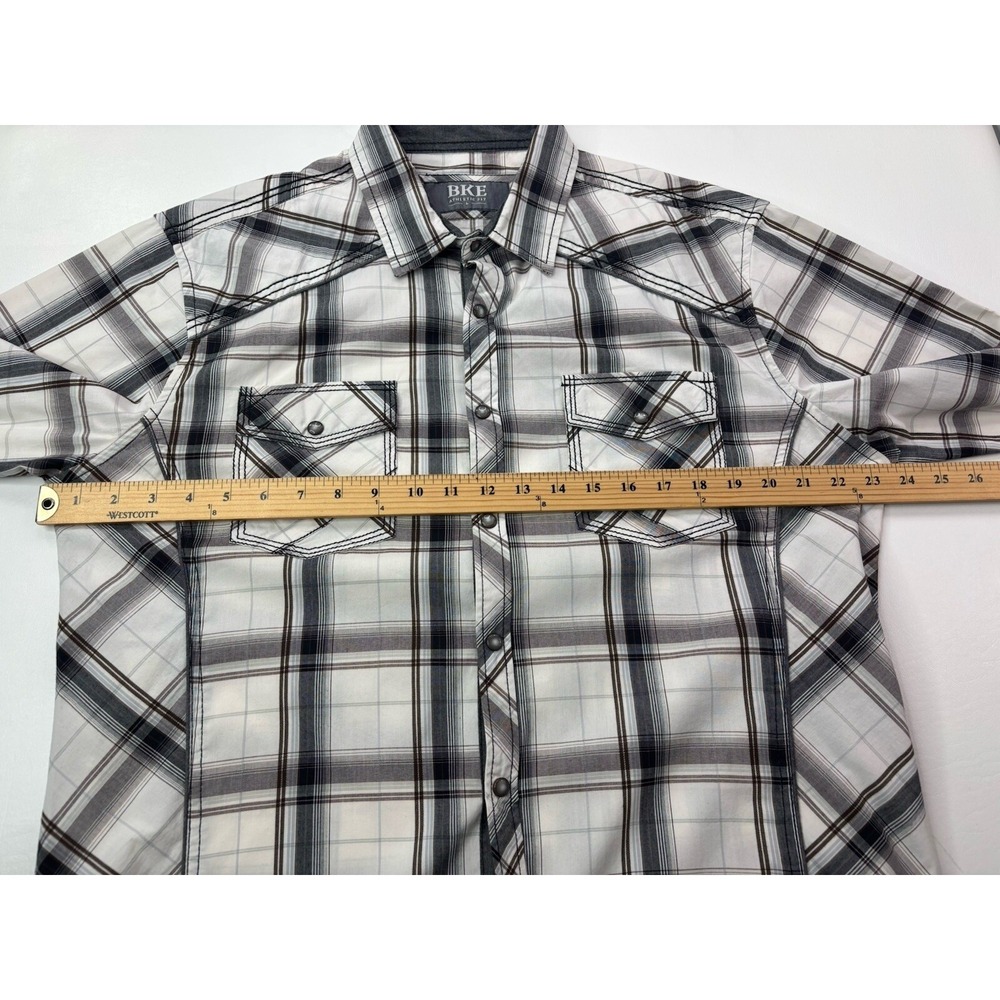 BKE Mens Athletic Fit Western Plaid Pearl Snap Shirt White Black Grey‎ Large - Picture 12 of 16